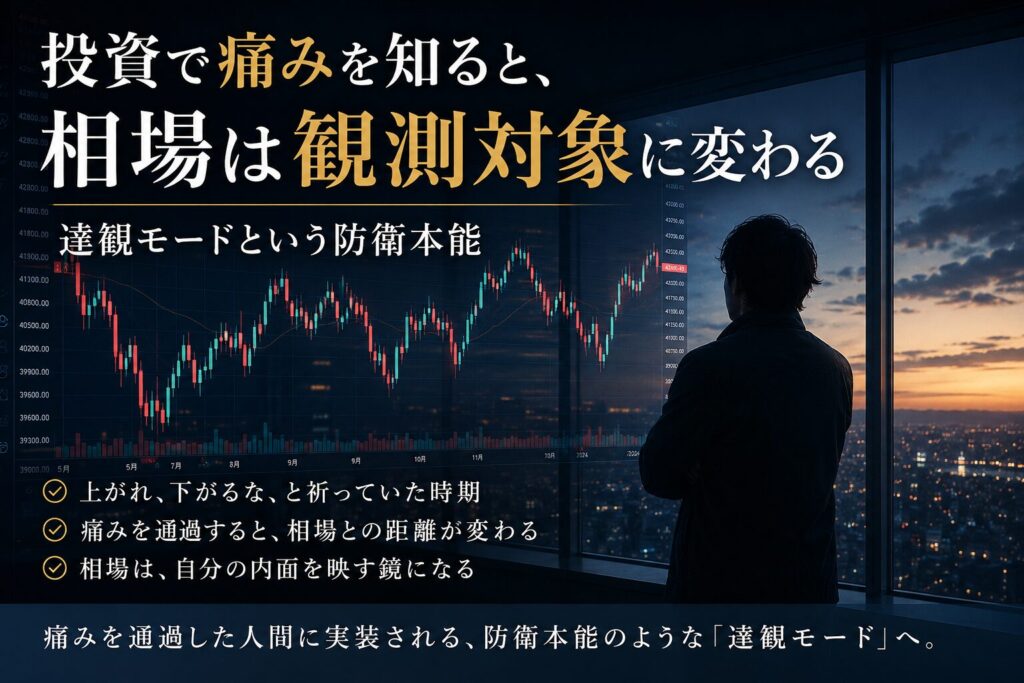 投資心理と相場観を象徴する、チャートを冷静に観測する投資家のイメージ